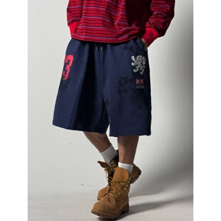 五分裤 MRDONG韩国代购 街潮套装 泼墨狮标宽松百慕大短裤 男酷感 男装