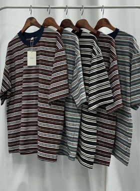 MRDONG韩国代购男装MODEN复古经典条纹短袖撞色领口宽松T恤