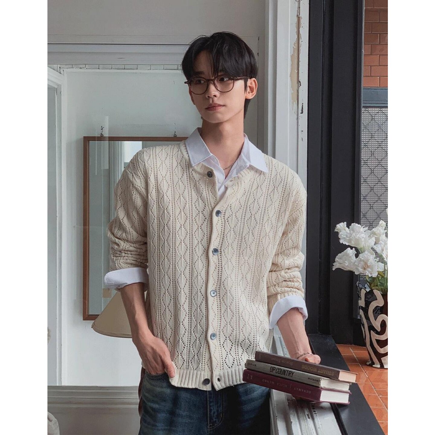 MRDONG韩国代购男装镂空麻花针织开衫圆领单排扣柔软薄款毛衣男款