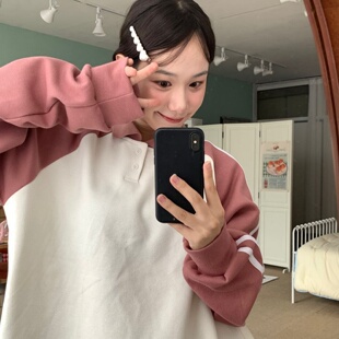 韩国代购男女福利秒杀LUIRE减龄亨利领撞色条纹插件长袖重工T恤