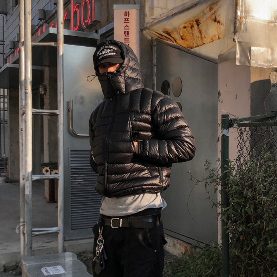 MRDONG韩国男装代购高领防风抽绳连帽潮流短款排骨纹棉服夹克外套