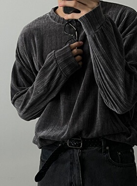 MRDONG韩国代购男装细坑灯芯绒圆领宽版长袖T恤复古质感柔软垂坠