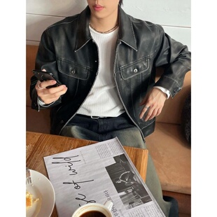 MRDONG韩国代购男装复古皮革质感翻领剪裁短款机车夹克外套廓形版