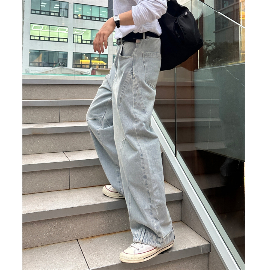 韩国男装错位拼接重度水洗牛仔裤