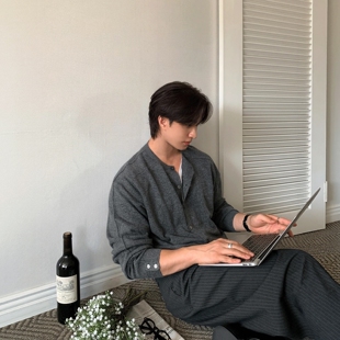 MRDONG韩国代购东大门男装直播LOGAN法国原丝圆领轻熟风针织开衫