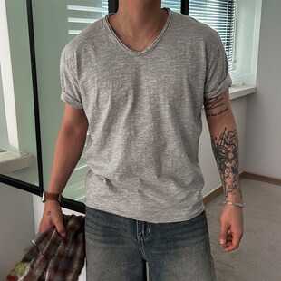 MRDONG韩国代购男装卷边水洗大U领竹节棉短袖T恤上衣夏季宽松百搭