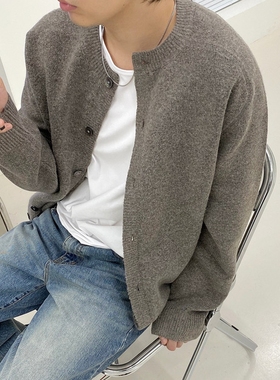 韩国男装代购直播LOGAN高档秋冬美利奴羊毛重工圆领针织开衫外套