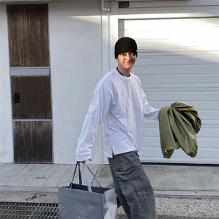 长袖 韩国男装 OOTD慵懒防晒百搭阔版 直播高品侧开纯棉净版 T恤 代购