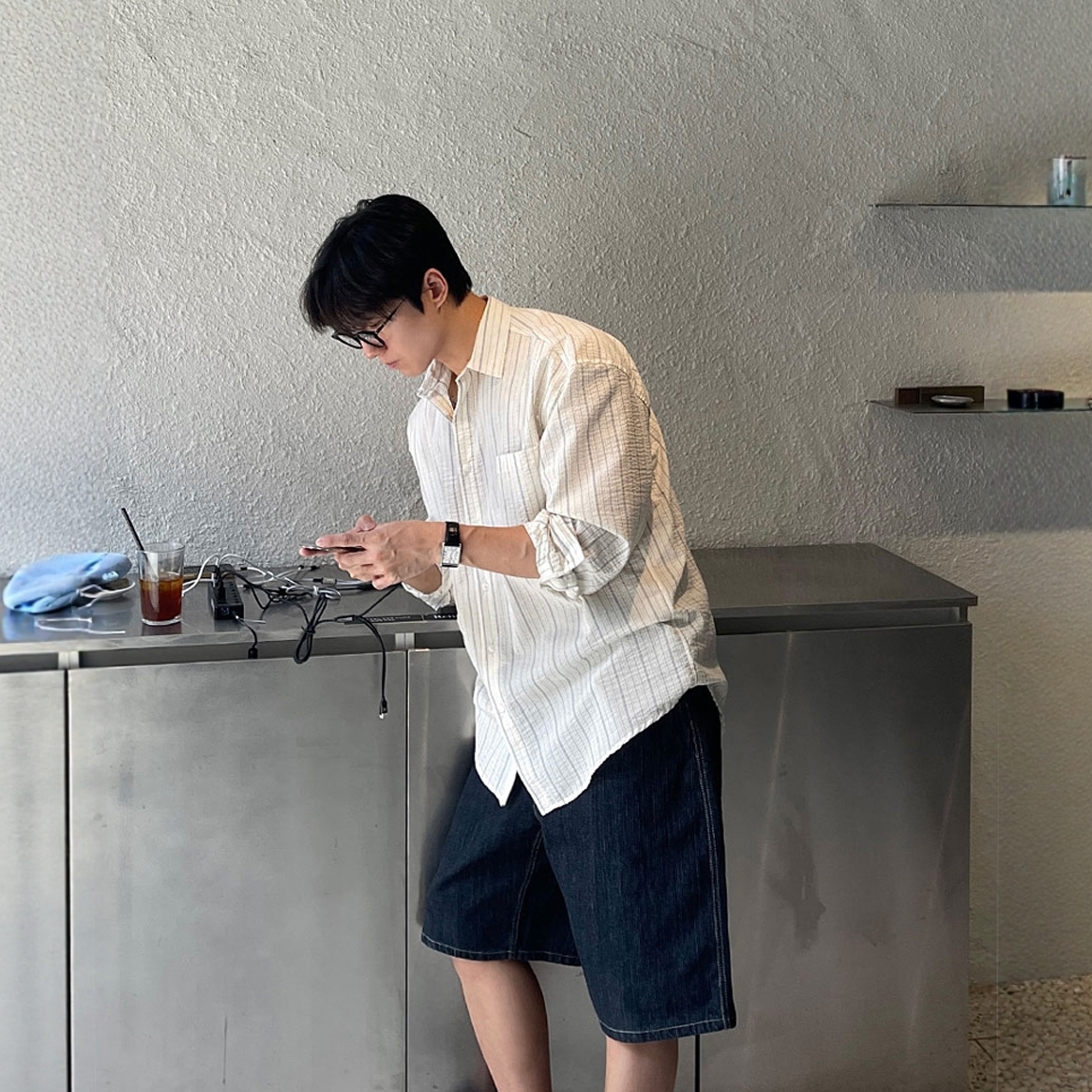 韩国男装代购直播SENNE纯棉泡泡纱纹理轻薄条纹夏季宽松长袖衬衫