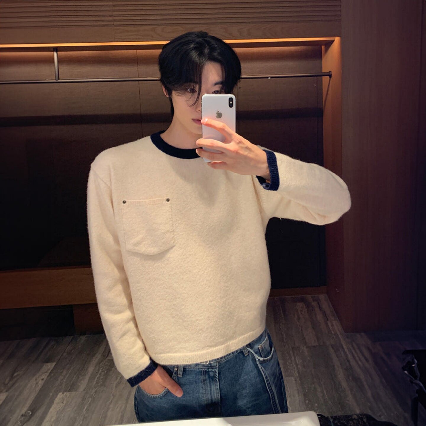 MRDONG韩国代购男装羊毛人造丝拼色口袋针织柔软清爽气质舒适日常