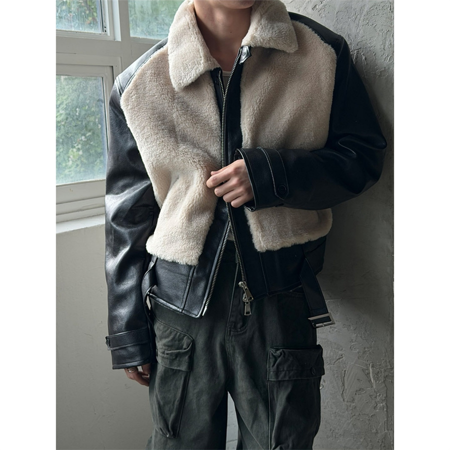 韩国男装毛绒翻领PU皮拼接夹克