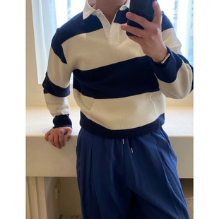 MRDONG韩国代购男装LOGAN撞色粗条纹翻领宽松针织橄榄球衫毛衣