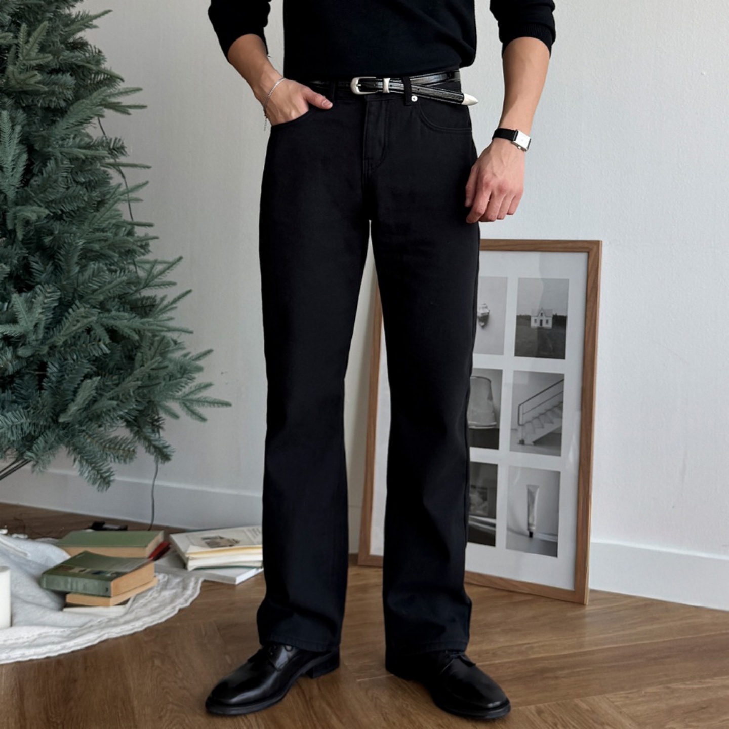 韩国男装加绒保暖牛仔显瘦长裤