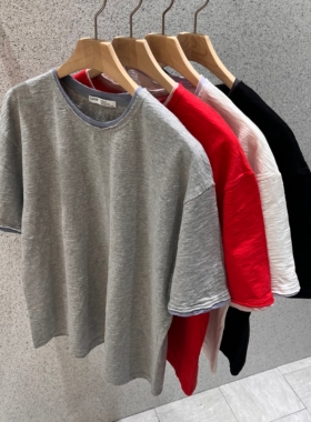 MRDONG韩国代购男装假两件气质小众水洗拼边宽松落肩短袖T恤潮