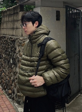 韩国代购直播WISE男女款重工连帽套头设计师压线蓬松饱满棉服外套