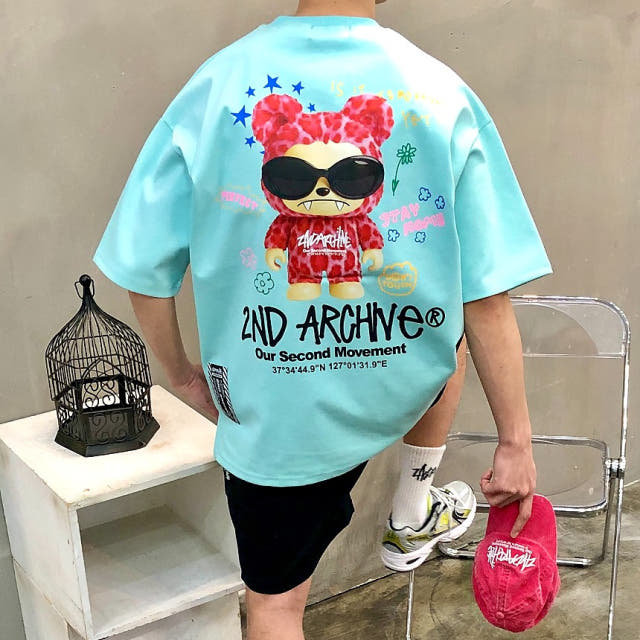 MRDONG韩国代购东大门男装粉熊墨镜联名印花潮牌宽松短袖T恤潮款