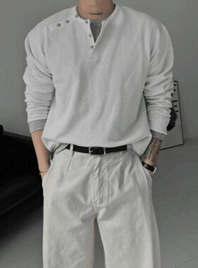 韩国代购男装直播LOGAN华夫格双亨利领设计套手春季高品棉长袖T恤