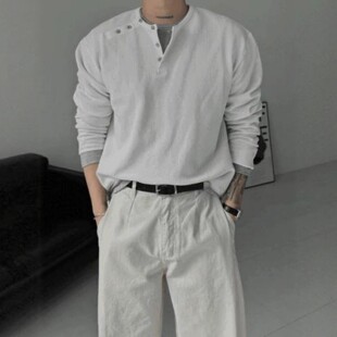 高品棉长袖 直播LOGAN华夫格双亨利领设计套手春季 T恤 男装 韩国代购