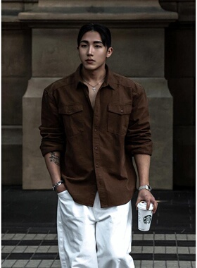 MRDONG韩国代购男装韦恩西部棉质衬衫翻领双袋修身利落风简洁高级
