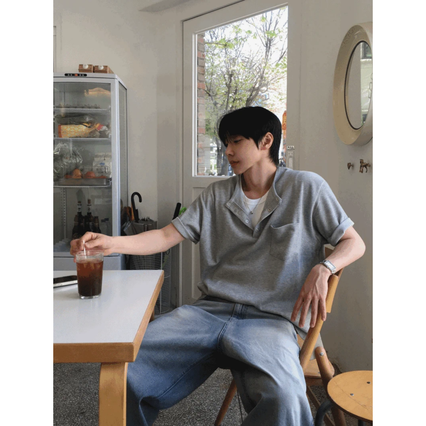 MRDONG韩国代购东大门男装亨利领口袋针织短袖T恤简约百搭上衣款