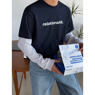 MRDONG韩国代购男装假两件叠穿长袖字母T恤减龄高品棉质高品小众