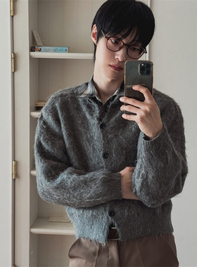 韩国男装代购直播ADEN高品cropped短款刷毛时尚圆领针织开衫外套