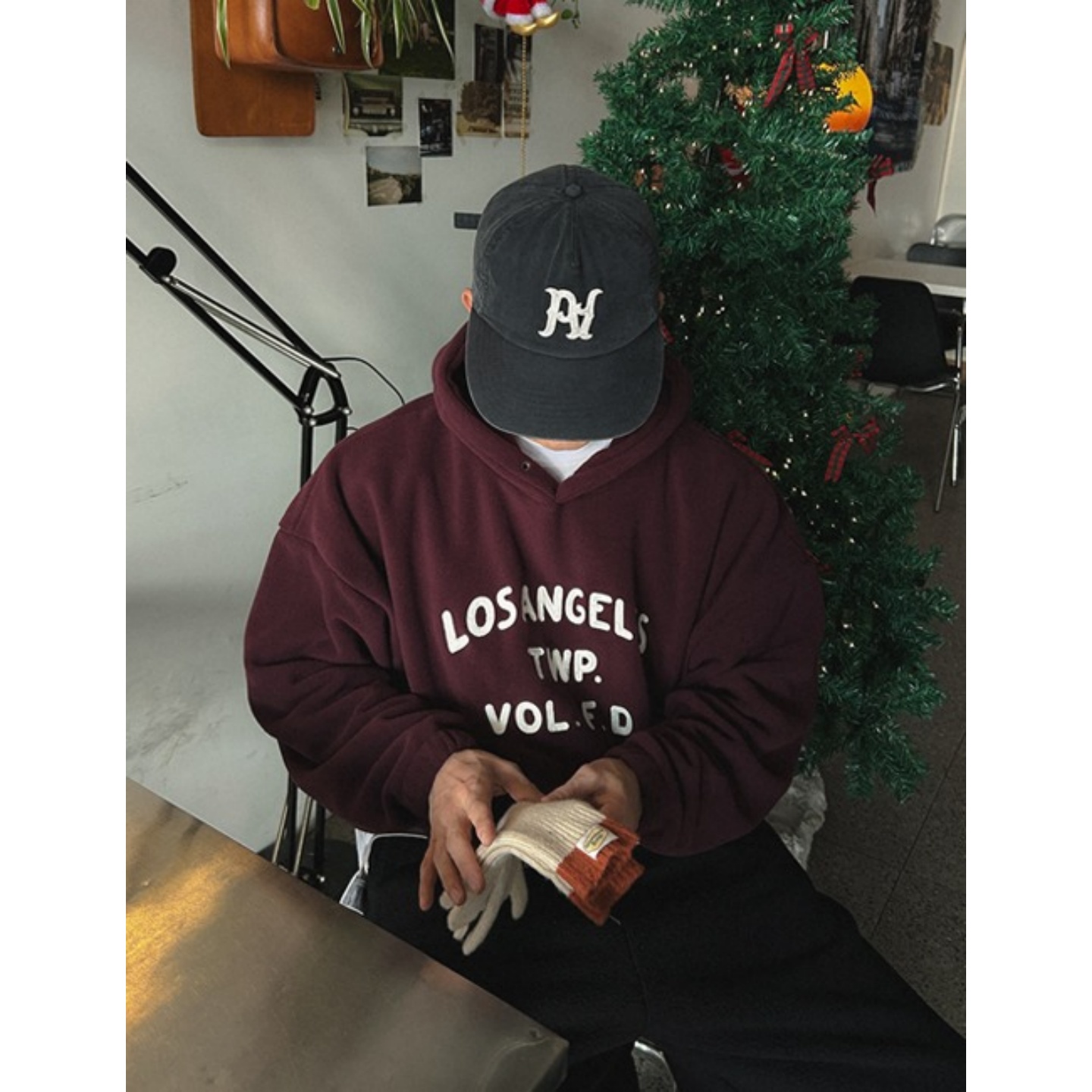 MRDONG韩国代购男装摇粒绒字母复古连帽卫衣冬厚实校园休闲氛围感