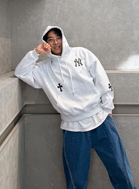 MRDONG韩国代购男装纽约十字徽标连帽宽松重磅街头卫衣外套潮流款