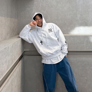 MRDONG韩国代购男装纽约十字徽标连帽宽松重磅街头卫衣外套潮流款