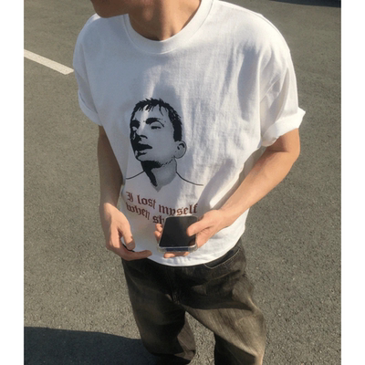 韩国代购人物肖像暗黑字句做旧T