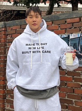 MRDONG韩国代购男装复合棉图戴字母连帽抽绳宽松卫衣上装小众设计