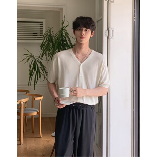 MRDONG韩国代购东大门男装亚麻天丝极简V领轻薄针织开衫气质短袖T