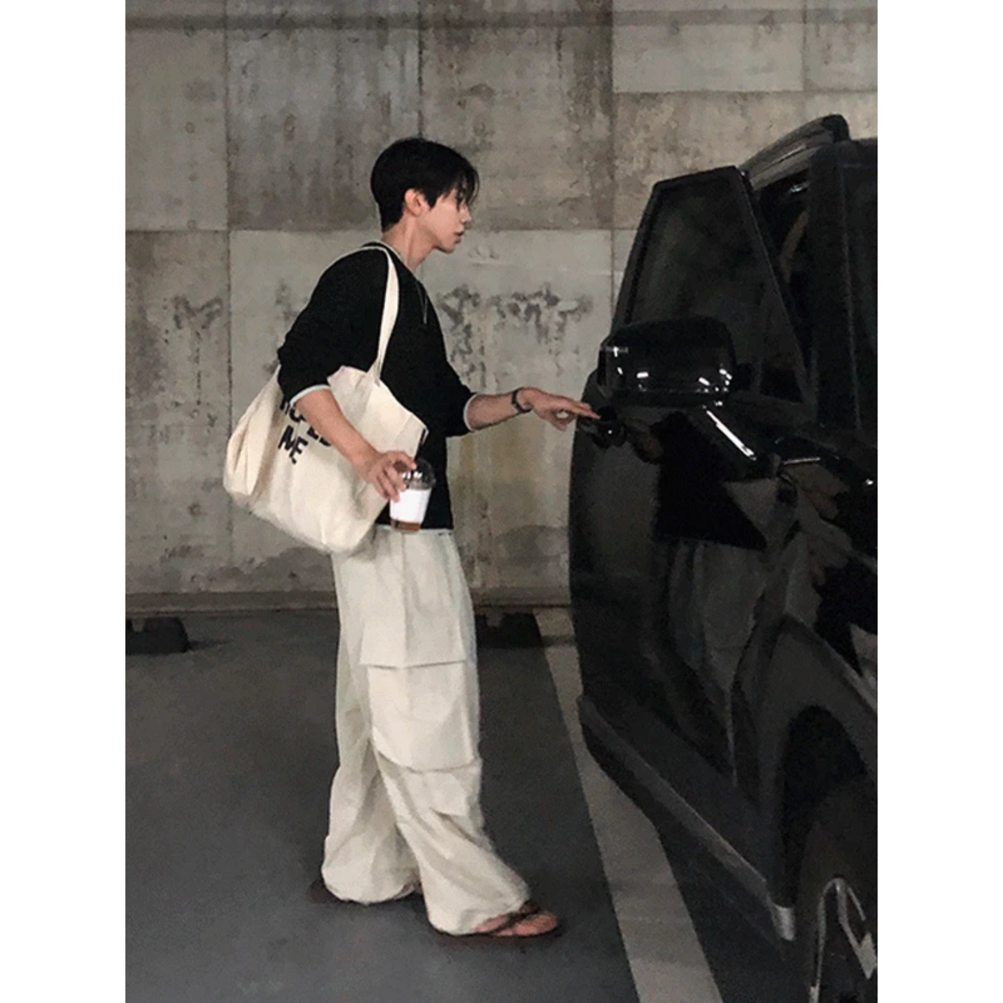 MRDONG韩国代购东大门男装尼龙工装立体大口袋阔腿弧形潮流休闲裤