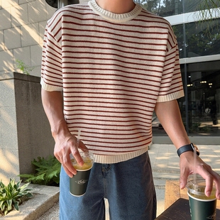 韩国男装 T恤 代购 直播cheat设计师高捻棉条纹针织气质圆领宽松短袖