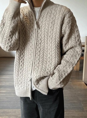 MRDONG韩国代购男装LOGAN费舍尔麻花立领拉链针织衫羊毛外套秋冬