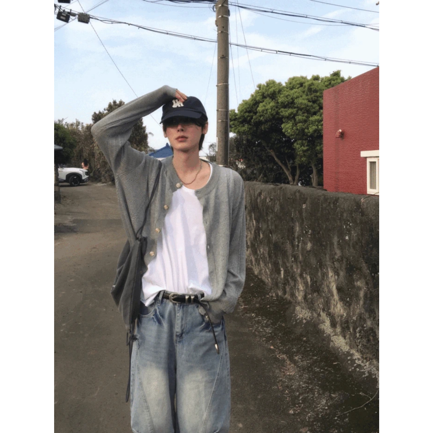 MRDONG韩国代购东大门男装薄款外套圆领长袖线条纹理针织开衫防晒