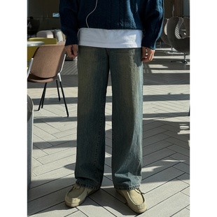 MRDONG韩国男装代购高档面料半松紧腰复古泛黄水洗宽松直筒牛仔裤