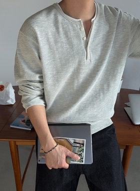 MRDONG韩国代购男装LOGAN亨利领纽扣华夫格宽松弹力长袖T恤