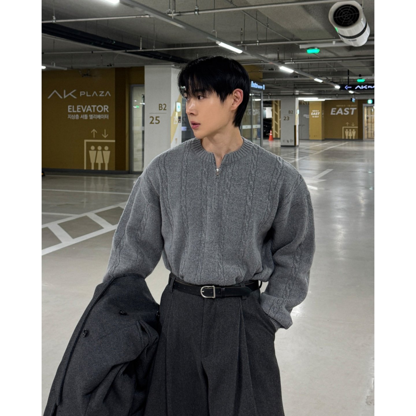 MRDONG韩国代购男装伦敦重磅麻花半拉链宽松毛衣秋冬叠穿保暖质感