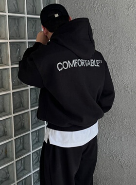 MRDONG韩国代购男装百搭极简刺绣字母连帽卫衣宽松廓形街头潮流款