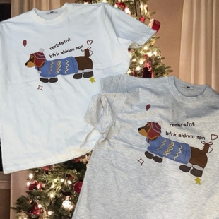 圣诞狗狗印花趣味可爱宽松舒适休闲情侣短袖 MRDONG韩国代购 男装