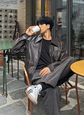 福利秒杀韩国男装代购直播NOMADE设计师轻熟翻领高品PU皮夹克外套