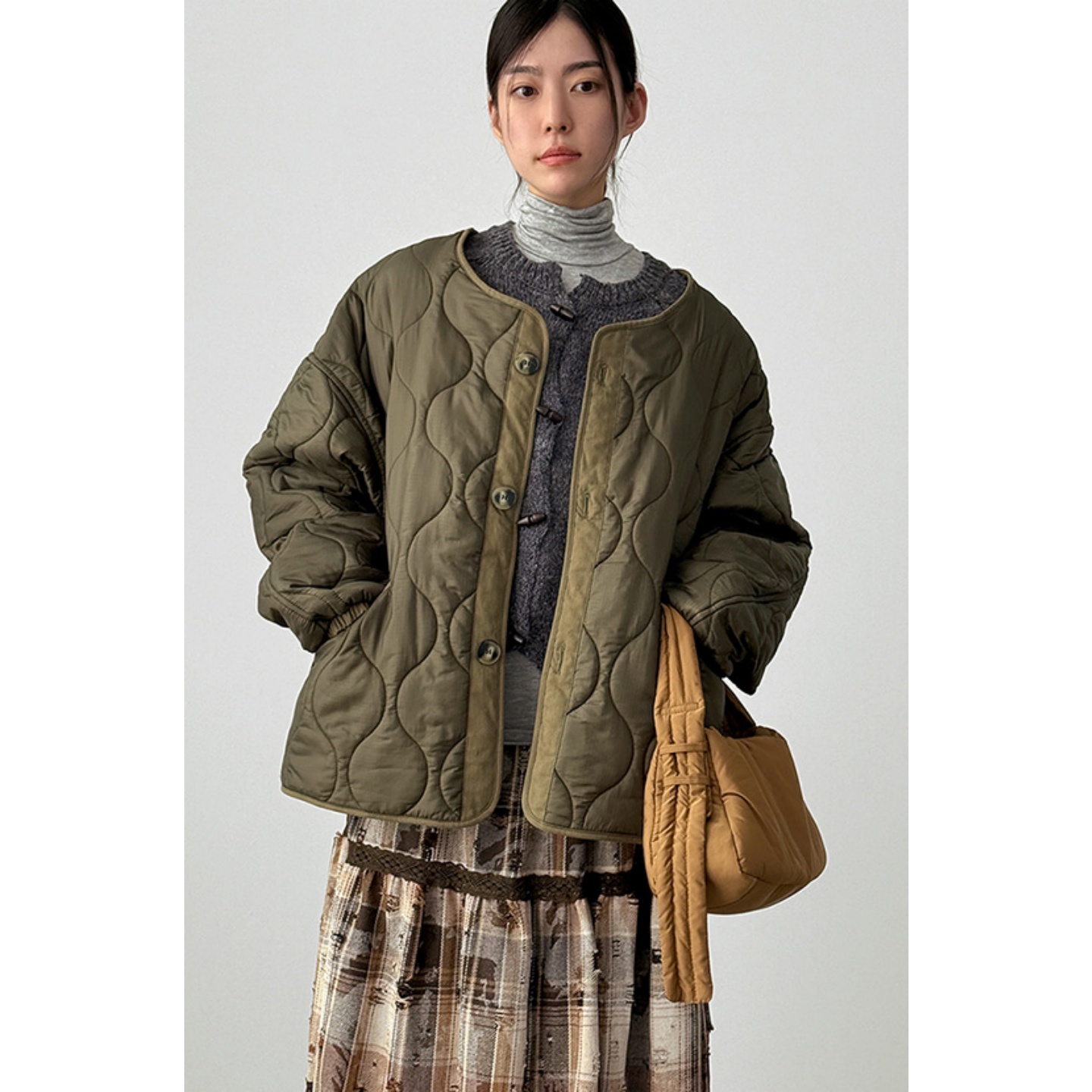 韩国代购波浪纹绗线夹棉V领外套