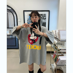 韩国代购男女款votus迪士尼做旧爱心米奇卡通印花侧开衩OS短袖T恤