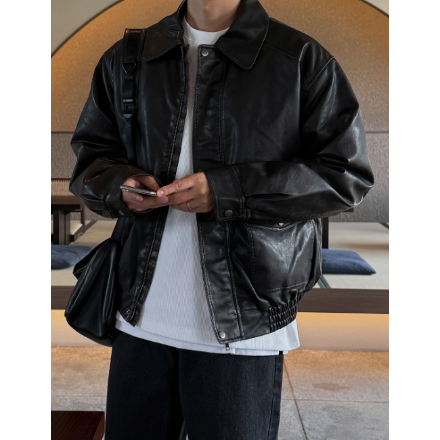 韩国男装复古风口袋夹棉U皮夹克