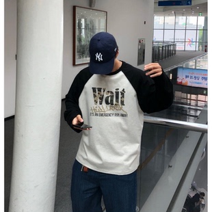 MRDONG韩国代购东大门男女迷彩字母撞色插肩潮流街头宽松长袖T恤