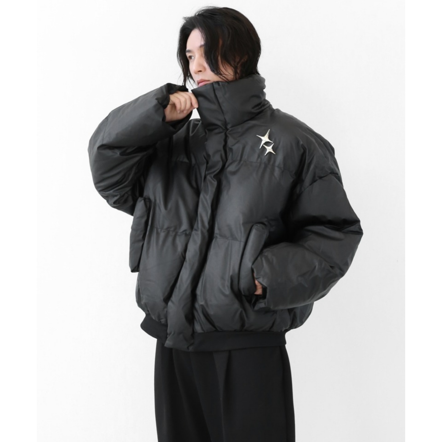 MRDONG韩国男装代购街头小众OS立领重工星星配饰PU皮棉服夹克外套