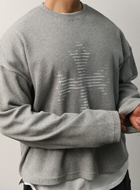 MRDONG韩国代购男装暗黑华夫十字印花宽松落肩长袖上衣T恤街头潮