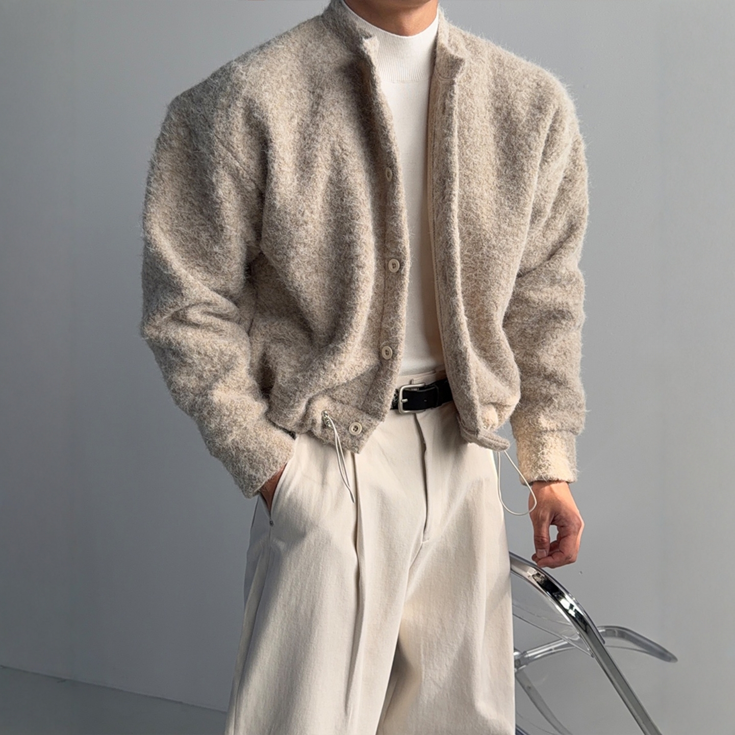 韩国男装短款抽绳刷毛绒针织开衫