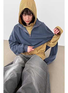 MRDONG韩国代购男女水洗半拉链落肩卫衣复古做旧宽松气质上衣潮款